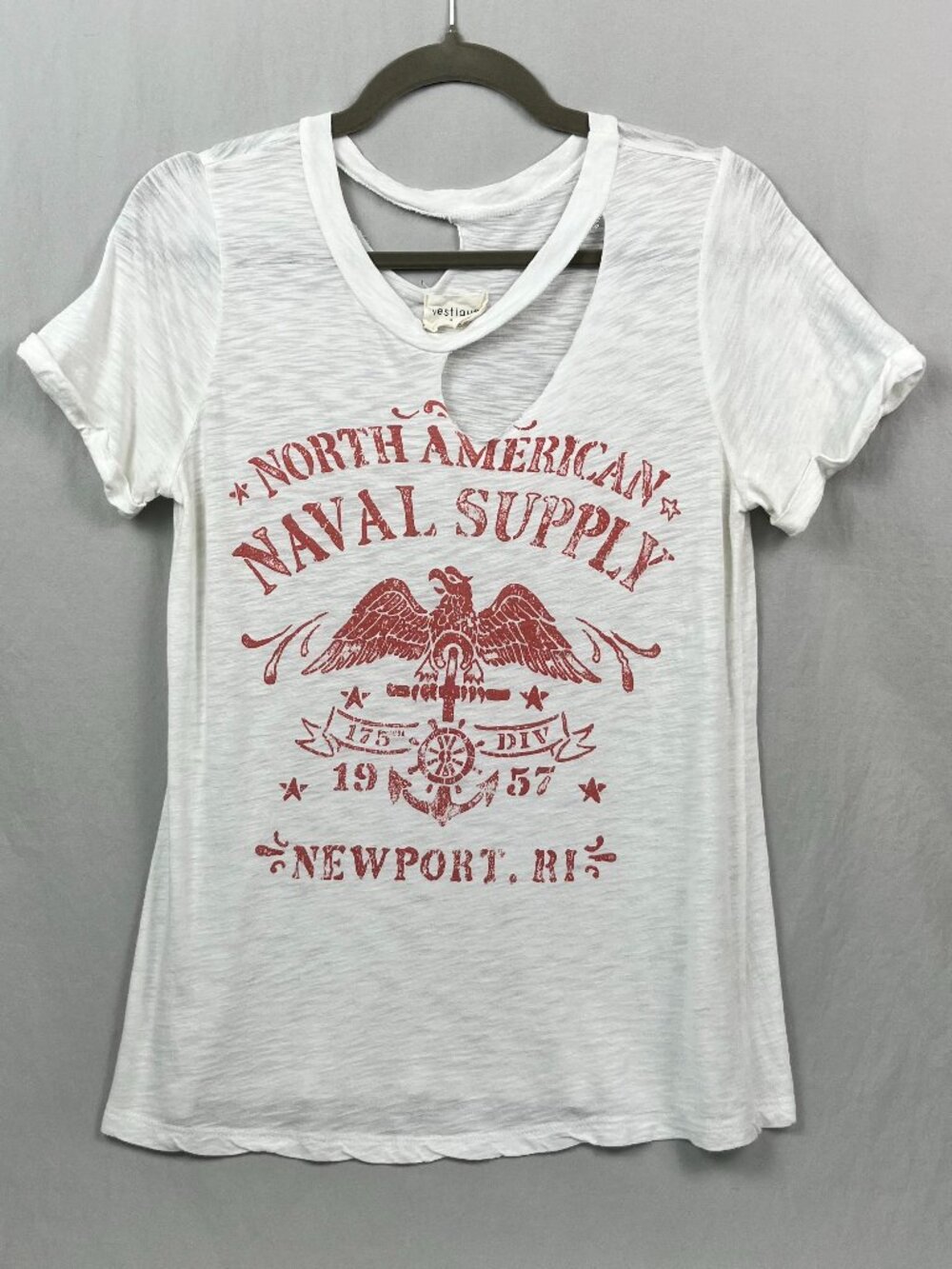 Vestique White Sheer Distressed Graphic Cutout Tee Boho Nautical Coastal Naval